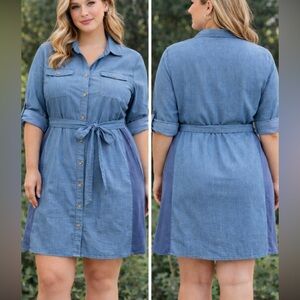 NWT NY Collection Light Blue Shirt Dress detailed stretchy contrast on sides, 1X